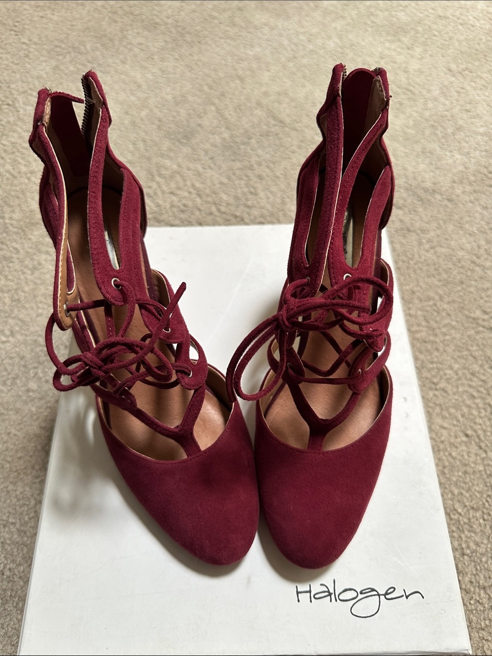 Halogen Burgundy Suede Lace-Up Pointed Toe Heels worn twice